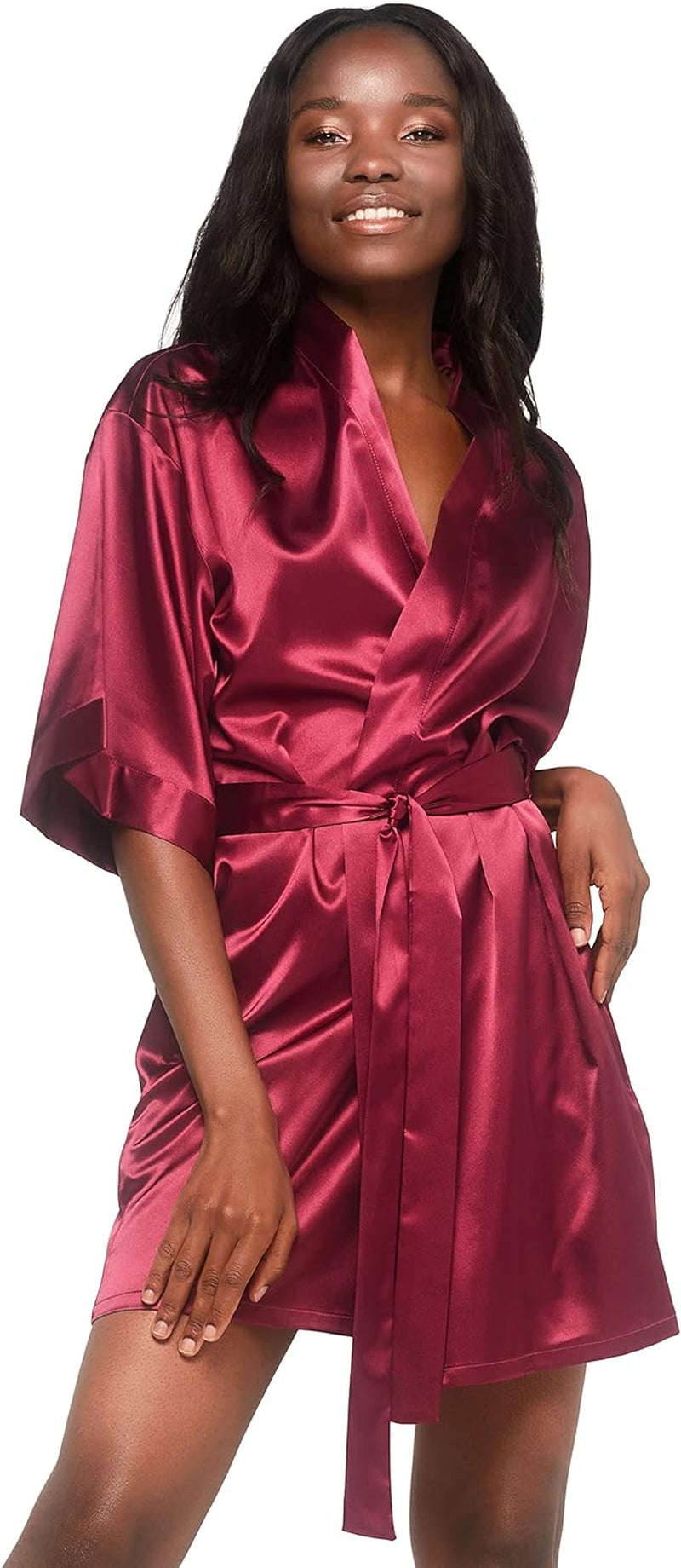 Women'S Pure Color Satin Short Kimono Bridesmaids Lingerie Robes