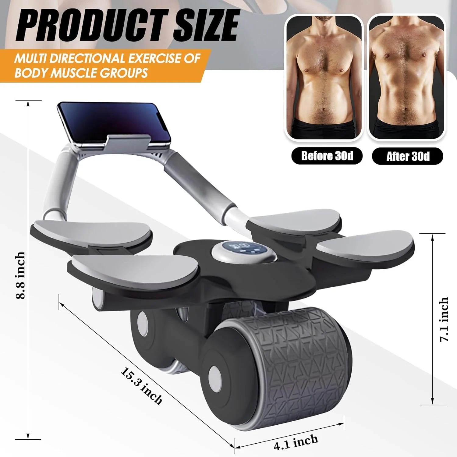 New with Timer Ab Abdominal Exercise Roller with 4 Elbow Supports, Abs Roller Wheel Core Exercise Equipment, Automatic Rebound Abdominal Wheel