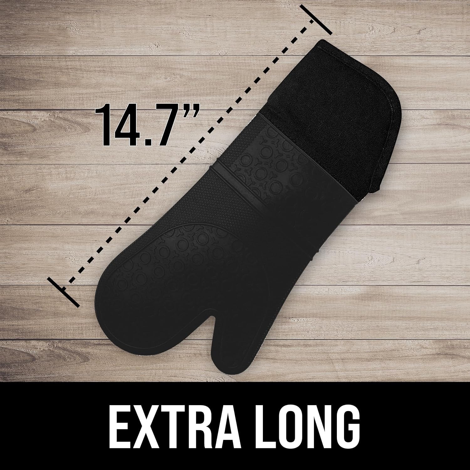 Extra Long Professional Silicone Oven Mitt, Oven Mitts with Quilted Liner, Heat Resistant Pot Holders, Flexible Oven Gloves, Black, 1 Pair, 14.7 Inch