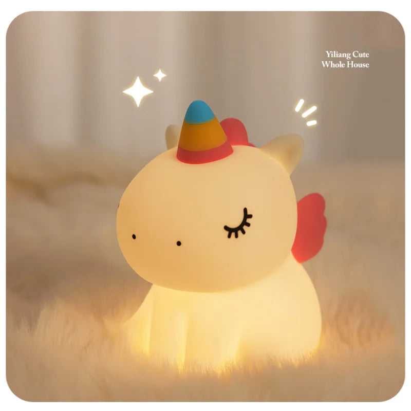 LED Night Lights Unicorn Cute Silicone Lamp USB Rechargeable Touch Night Lamp Bedside Decor Kids Baby Cartoon Animal Nightlight