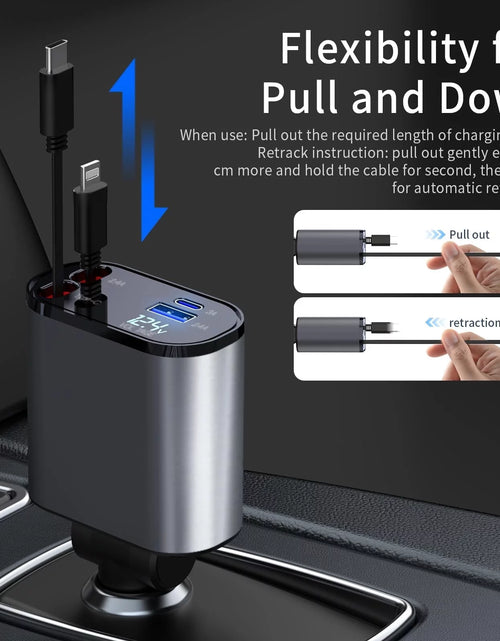 Load image into Gallery viewer, 4 in 1 Retractable Car Charger, 100W Fast Car Phone Charger with Iphone and Type C Cable and 2 Charging Ports Car Charger Adapter
