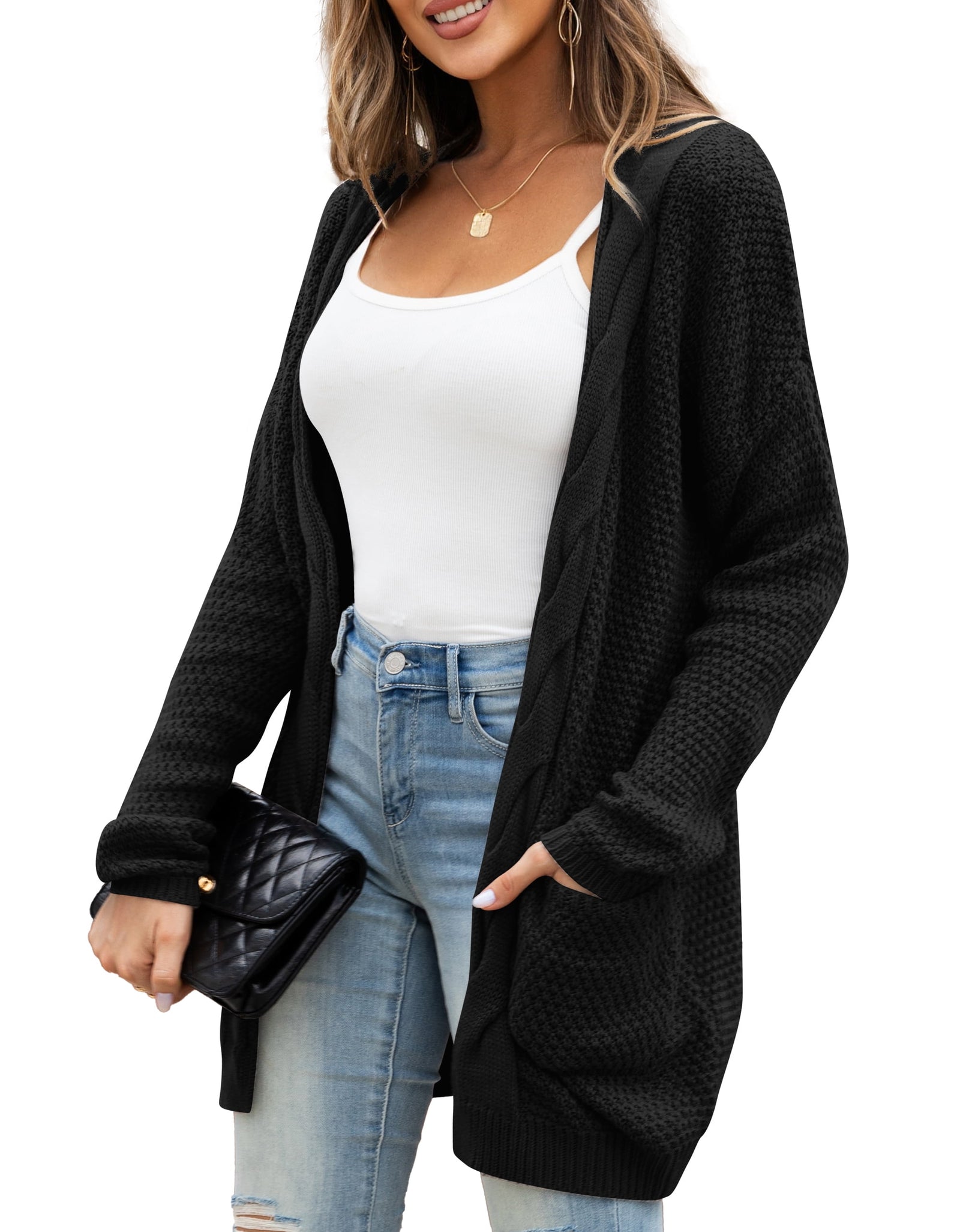 Women Cardigan Sweater Chunky Cable Knit Loose Cardigan with Pockets S-XXL