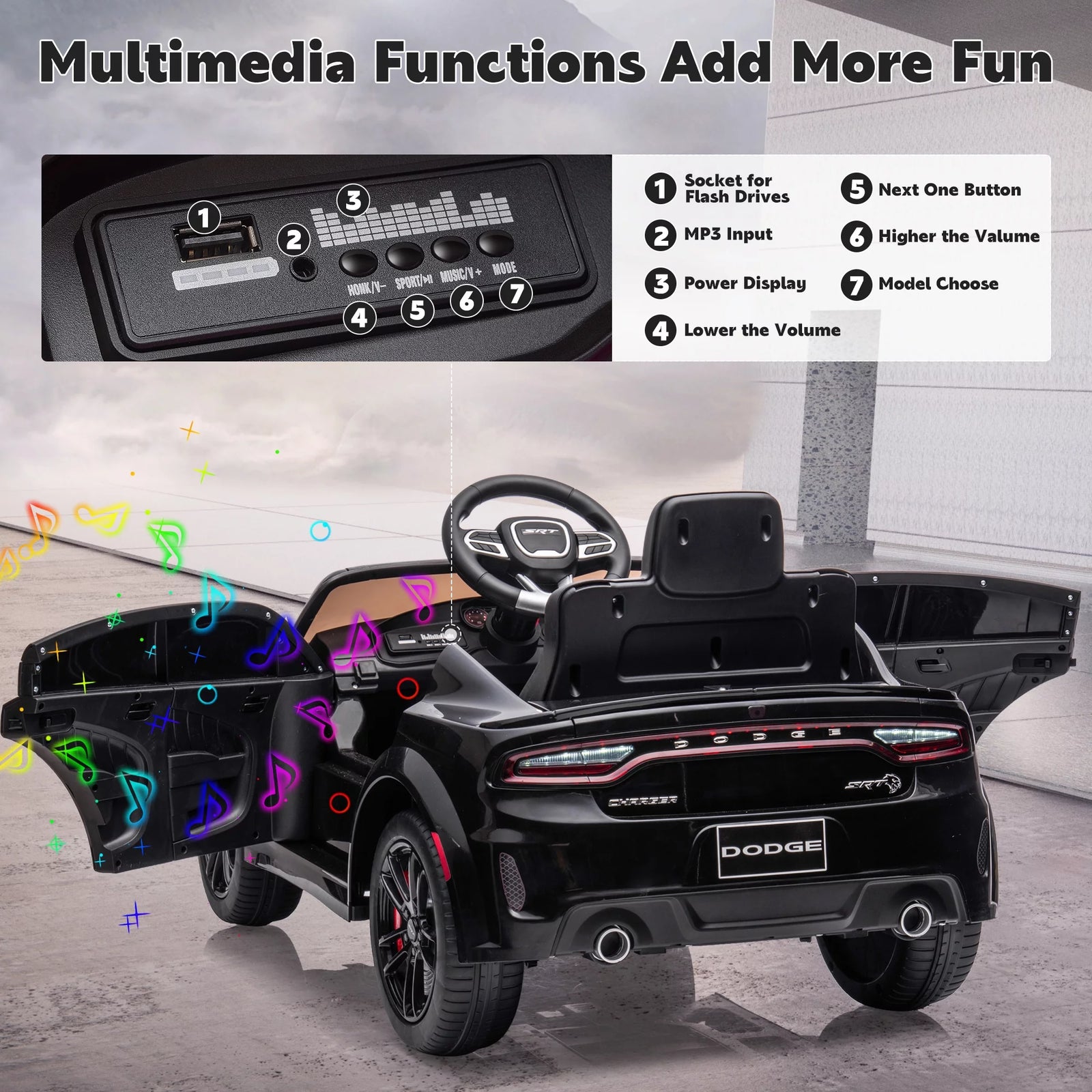 Dodge Electric Ride on Cars for Kids, 12 V Licensed Dodge Charger SRT Powered Ride on Toys Cars with Parent Remote Control, Electric Car for Girls 3-5 W/Music Player/Led Headlights/Safety Belt, Black