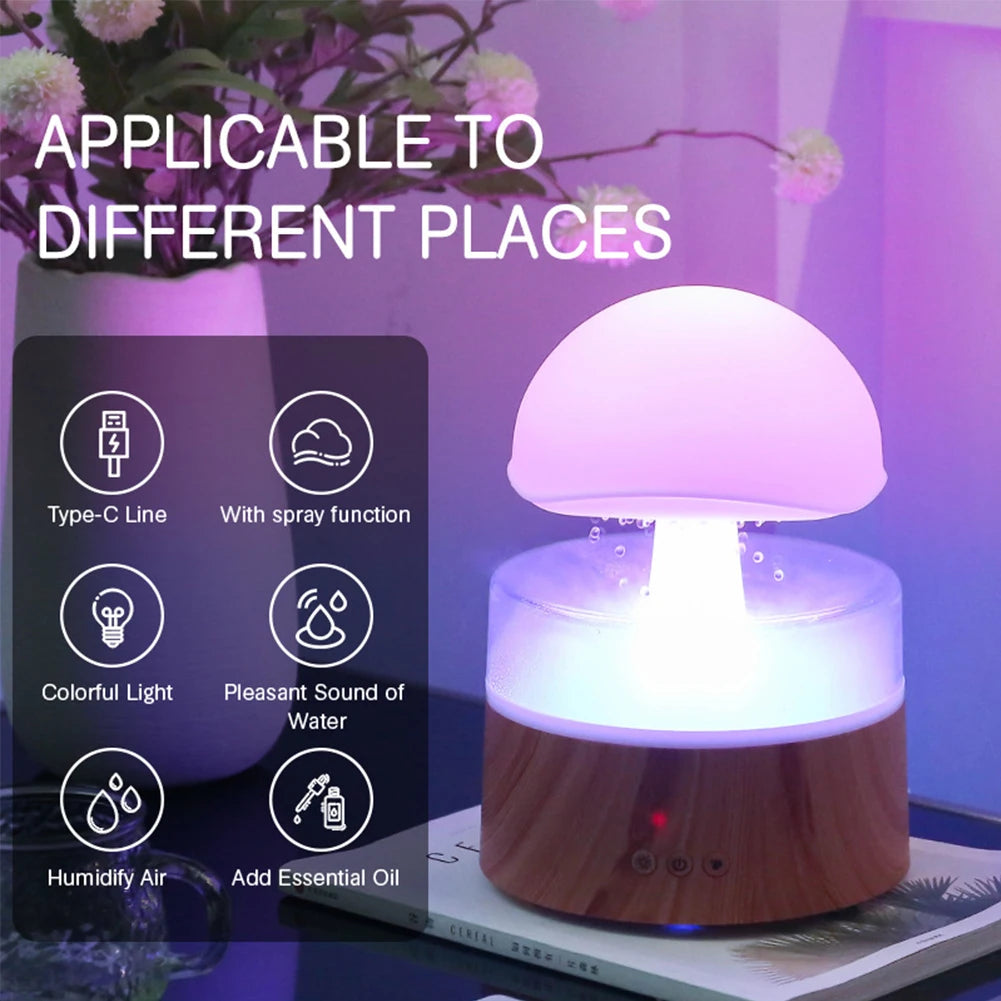 Mushroom Cloud Rain Humidifier Relaxing Raindrop Aromatherapy Machine Ultrasonic Atomization Humidification Colorful Night Light