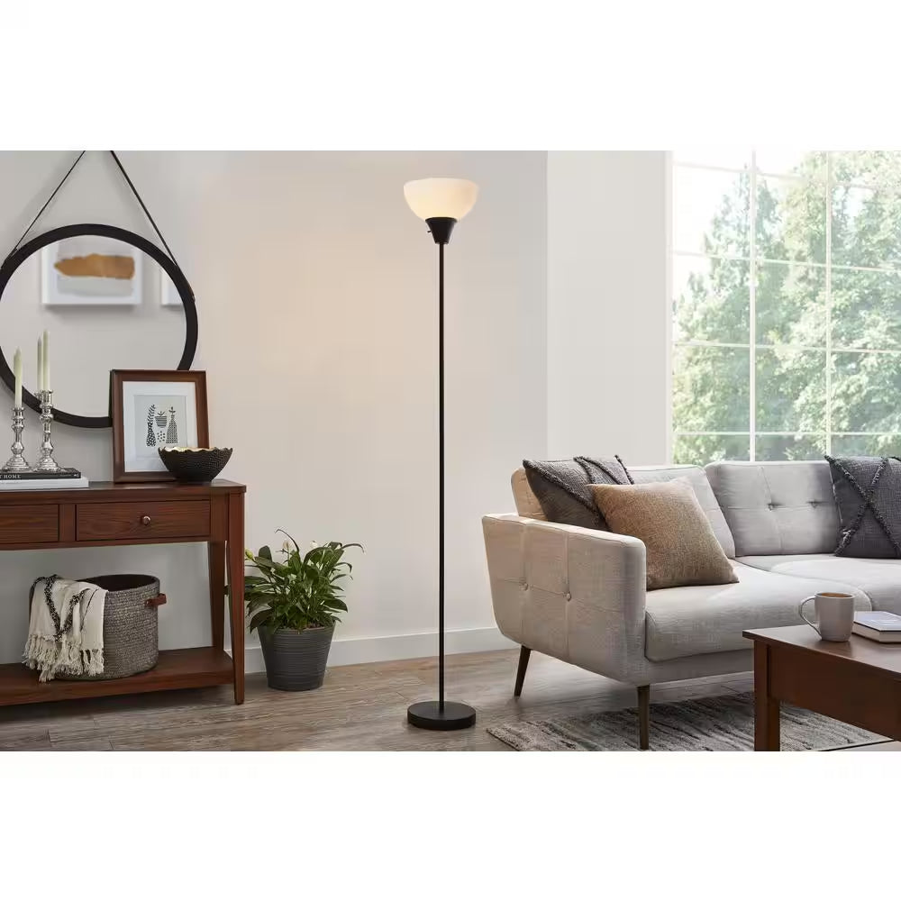 70 In. Black 1-Light Torchiere Floor Lamp with Plastic Shade