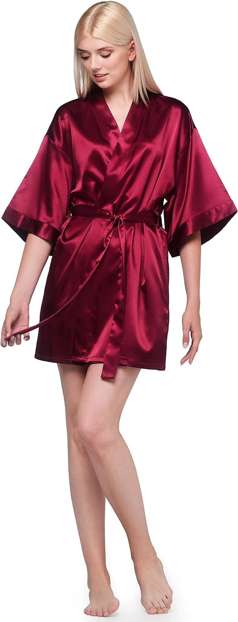 Women'S Pure Color Satin Short Kimono Bridesmaids Lingerie Robes