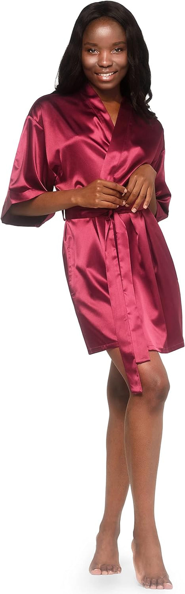 Women'S Pure Color Satin Short Kimono Bridesmaids Lingerie Robes