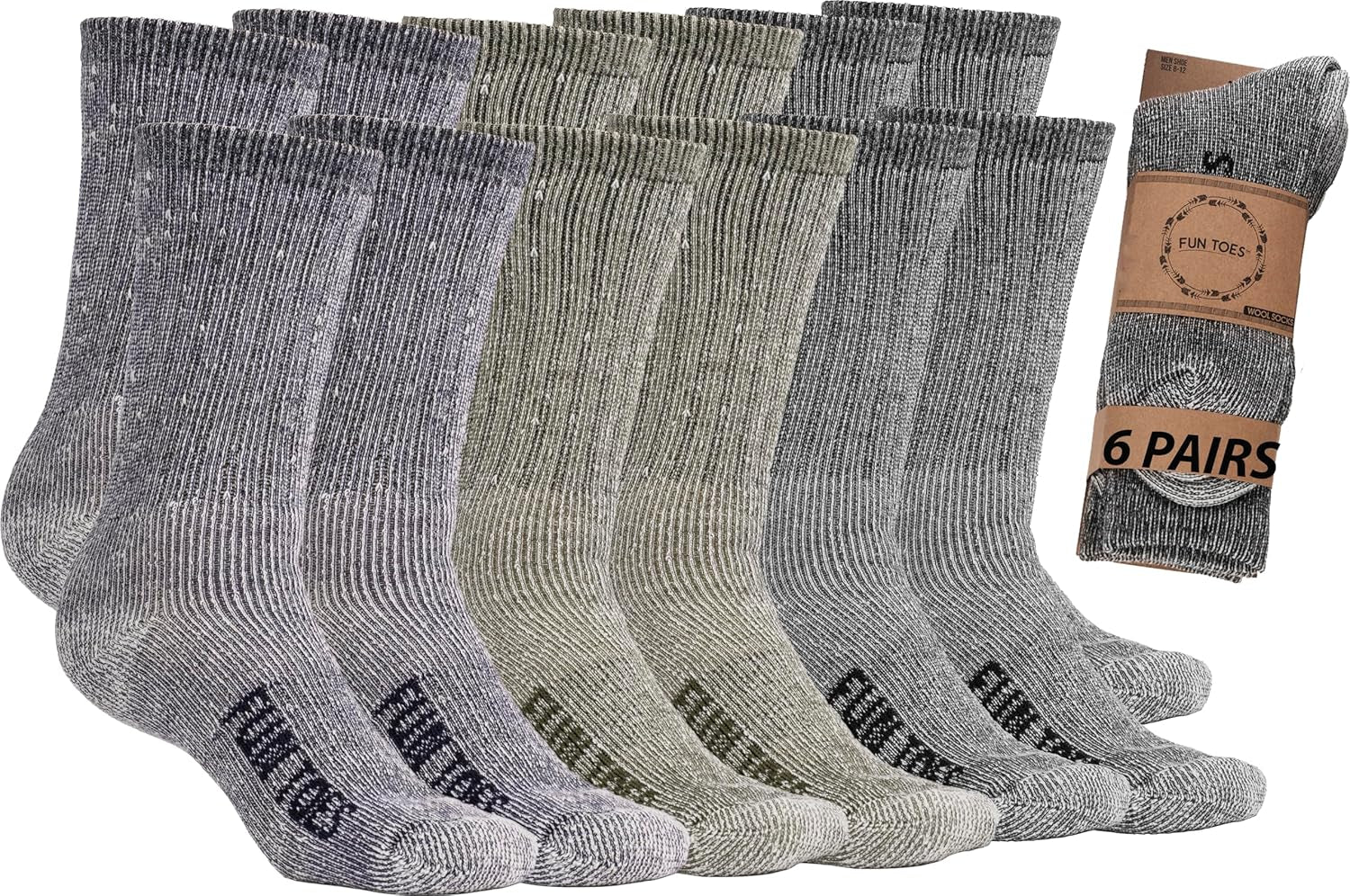 Men'S Hiking Crew Merino Wool Socks 6 Pairs Lightweight, Reinforced Size 8-12