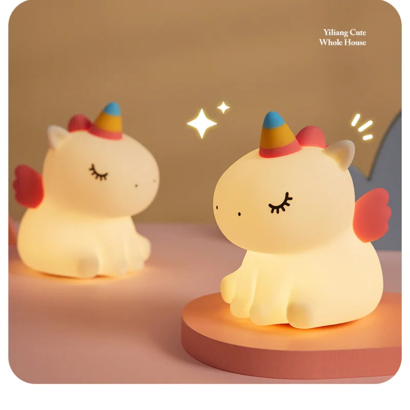 LED Night Lights Unicorn Cute Silicone Lamp USB Rechargeable Touch Night Lamp Bedside Decor Kids Baby Cartoon Animal Nightlight