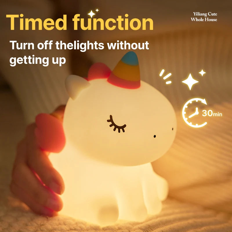 LED Night Lights Unicorn Cute Silicone Lamp USB Rechargeable Touch Night Lamp Bedside Decor Kids Baby Cartoon Animal Nightlight