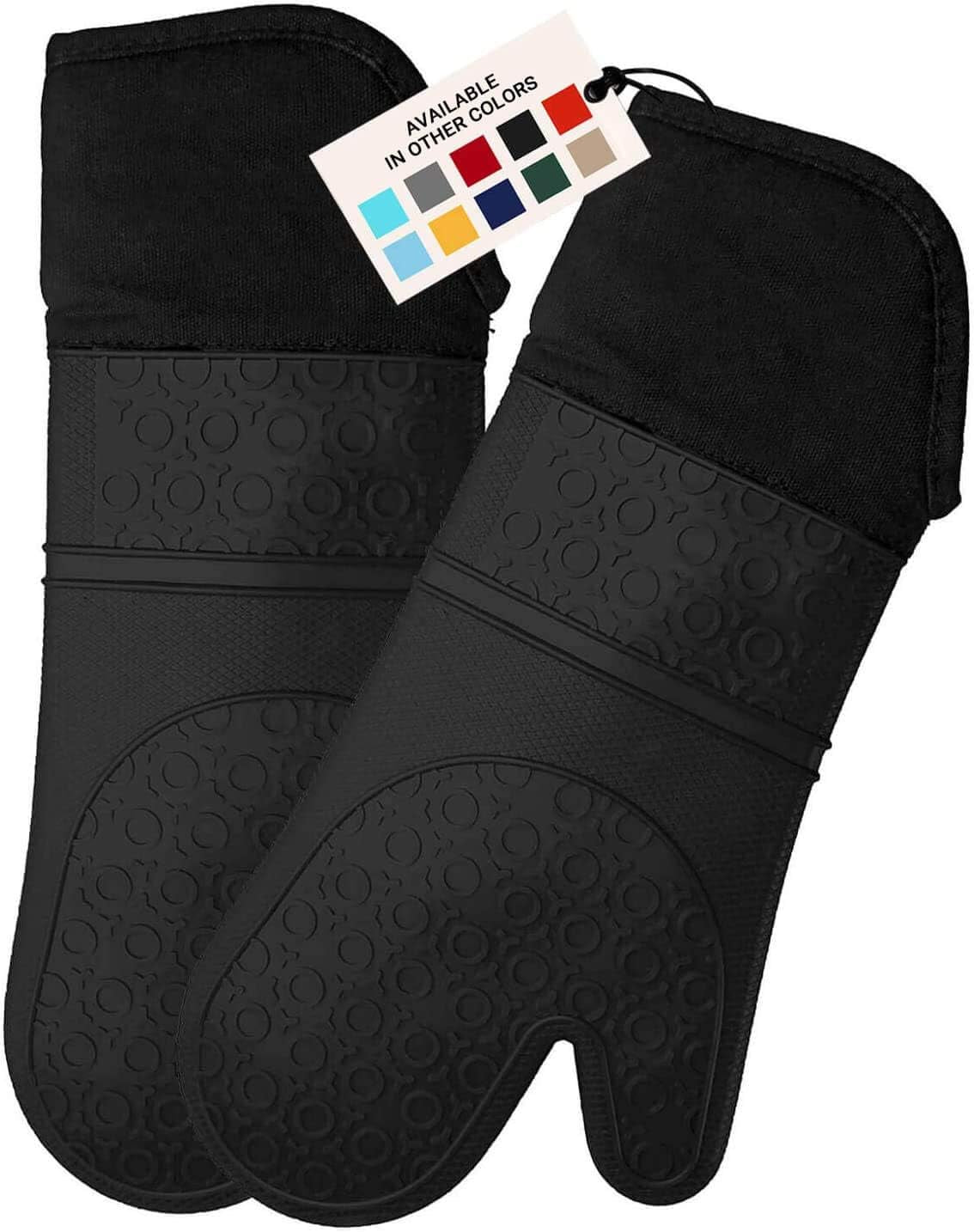 Extra Long Professional Silicone Oven Mitt, Oven Mitts with Quilted Liner, Heat Resistant Pot Holders, Flexible Oven Gloves, Black, 1 Pair, 14.7 Inch